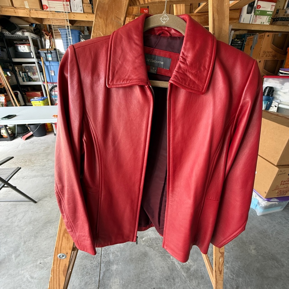 Liz Claiborne Cherry-Red Leather Zip Jacket